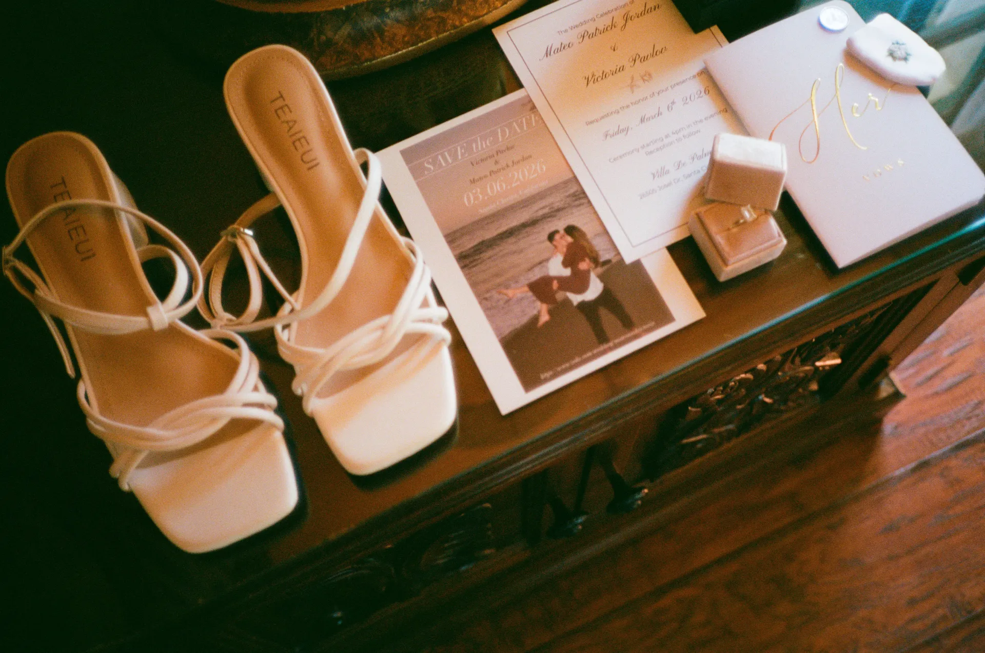 Wedding flatlay — rings, vows, shoes